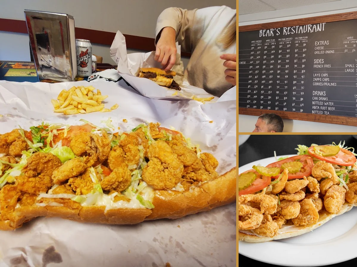 Po' boys served in a busy storefront.
